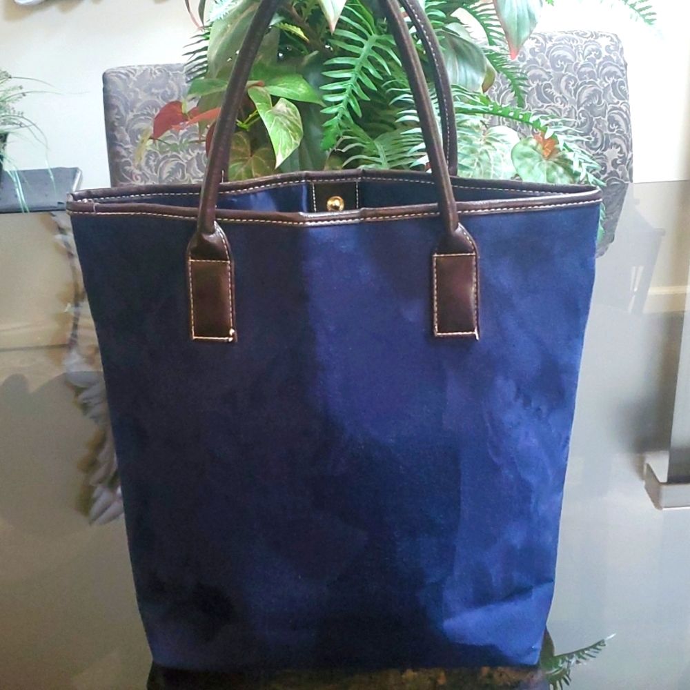 Navy blue suede tote bag trimmed in brown vegan leather 15"hx12"w